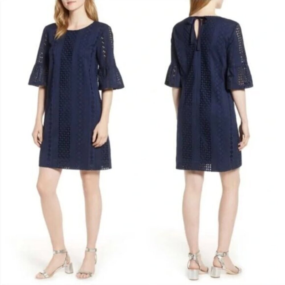 J. Crew Flutter Sleeve Embroidered Eyelet Mini Shift Dress in Navy Blue Size 8